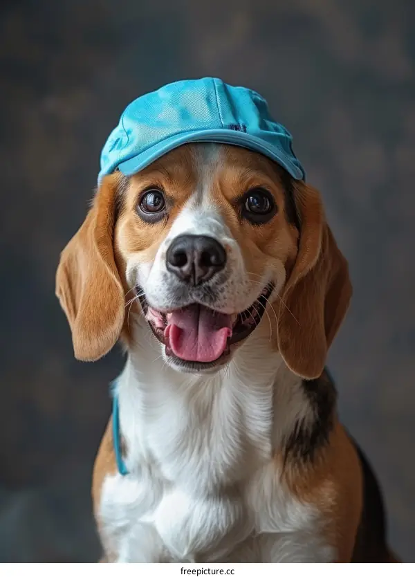 A happy beagle dog wearing a blue hat