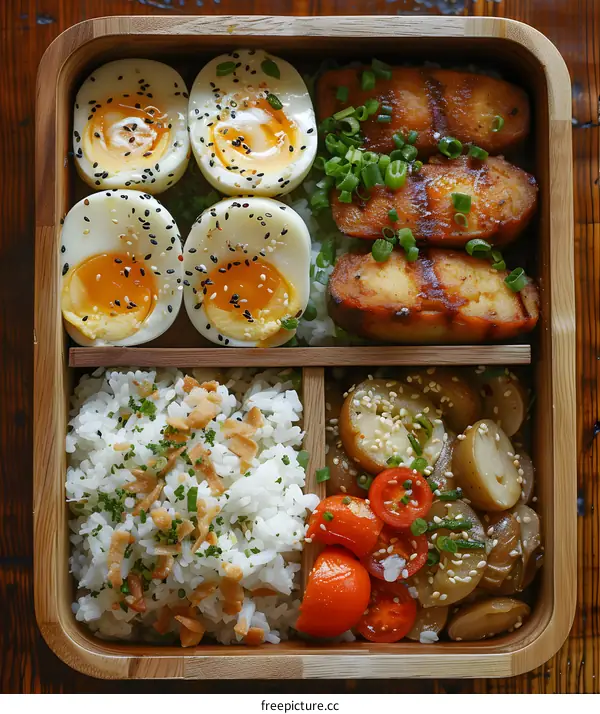 A delicious and healthy bento box with eggs, fish, rice, and vegetables