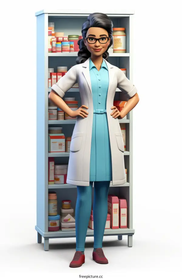 A female pharmacist standing in front of a pharmacy shelf