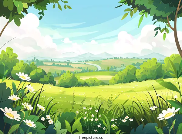 Beautiful Spring Landscape with Green Meadows and White Flowers
