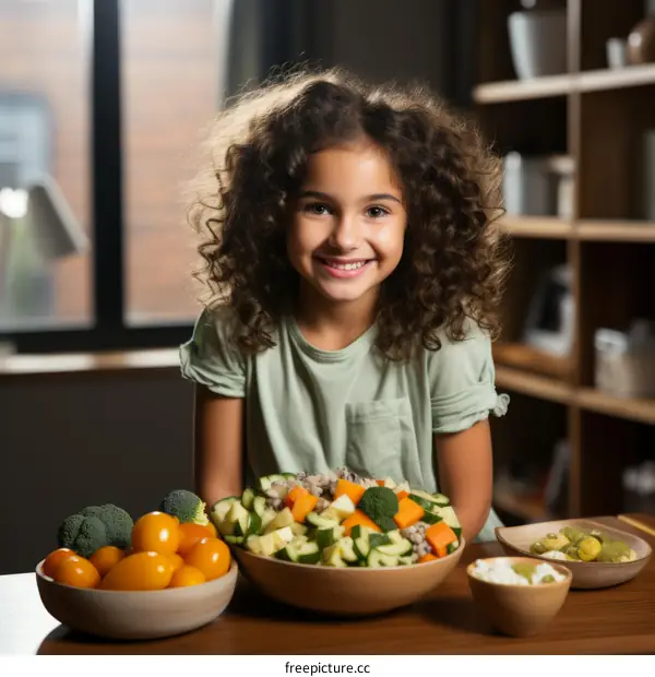 Little girl with curly hair smiles while standing at a table full of healthy food