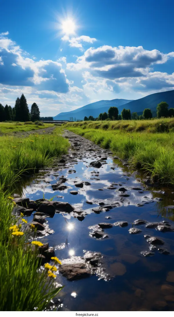 Rocky Mountain stream on a sunny day with blue skies and white clouds