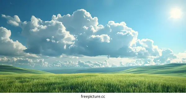 White clouds floating in the sky above a vast green prairie