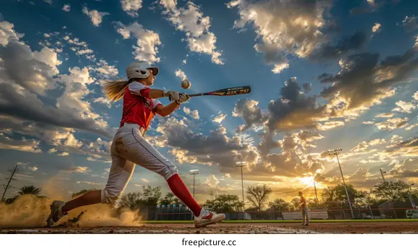 Female baseball batter swings her bat during a game