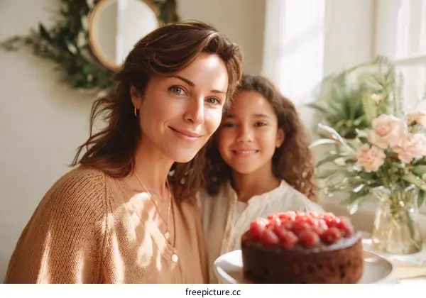Happy Mothers Day with Daughter and Cake
