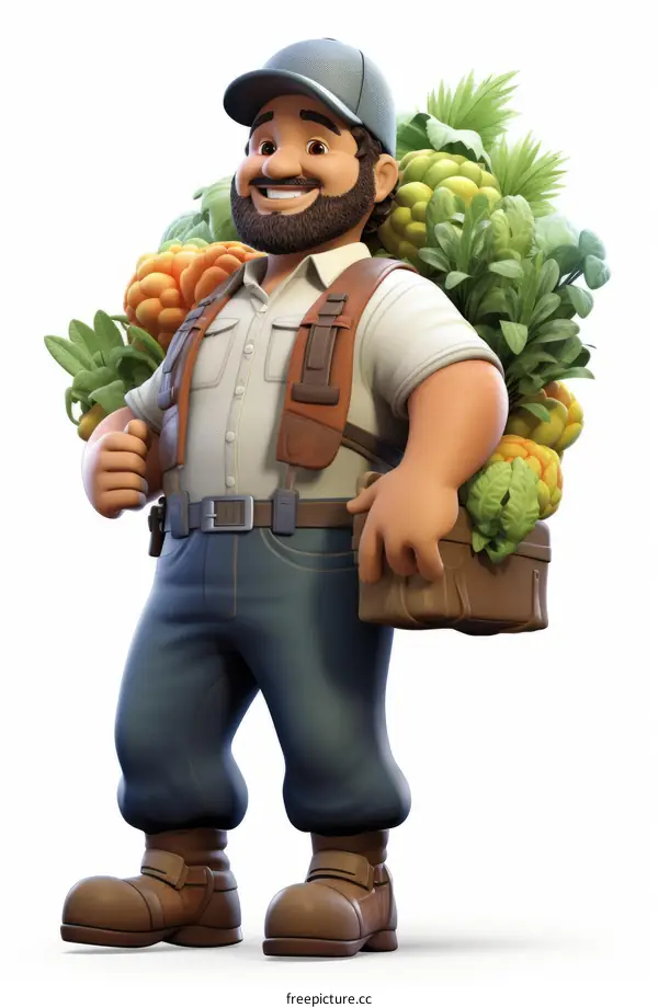 Happy farmer carrying a basket of fruits and vegetables