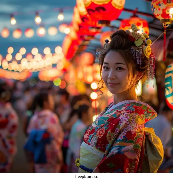 A Japanese woman wearing a kimono at a festival