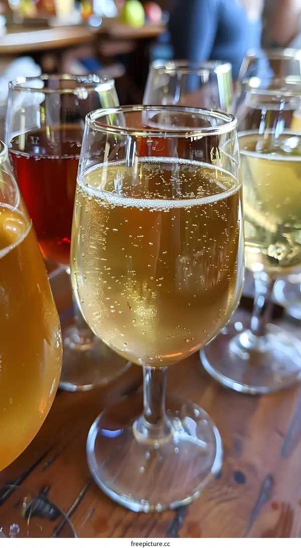 Closeup of a Glass of Sparkling Wine on a Wooden Table