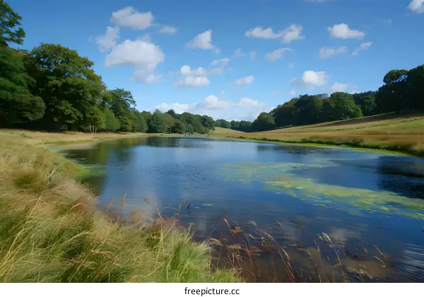 A lake in a park with green surroundings and blue sky