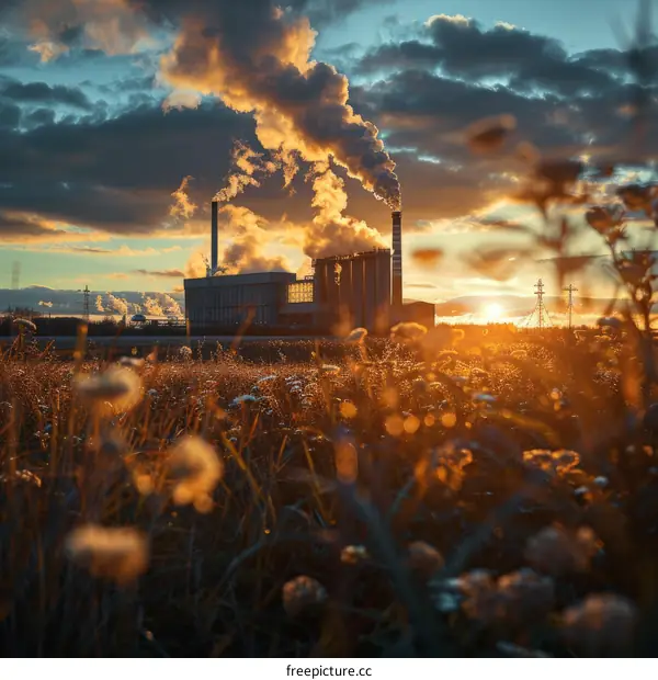 Dark Smoke From Factory Polluting the Sunset Sky