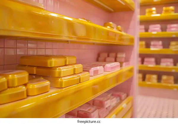 Yellow And Pink Shelves Filled With Products