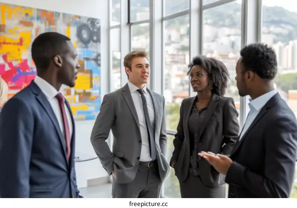 Four people in suits talking in an office
