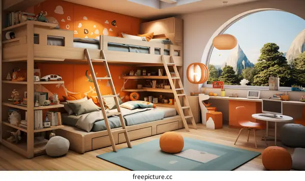 A cozy bedroom with a bunk bed, a desk, and a large window