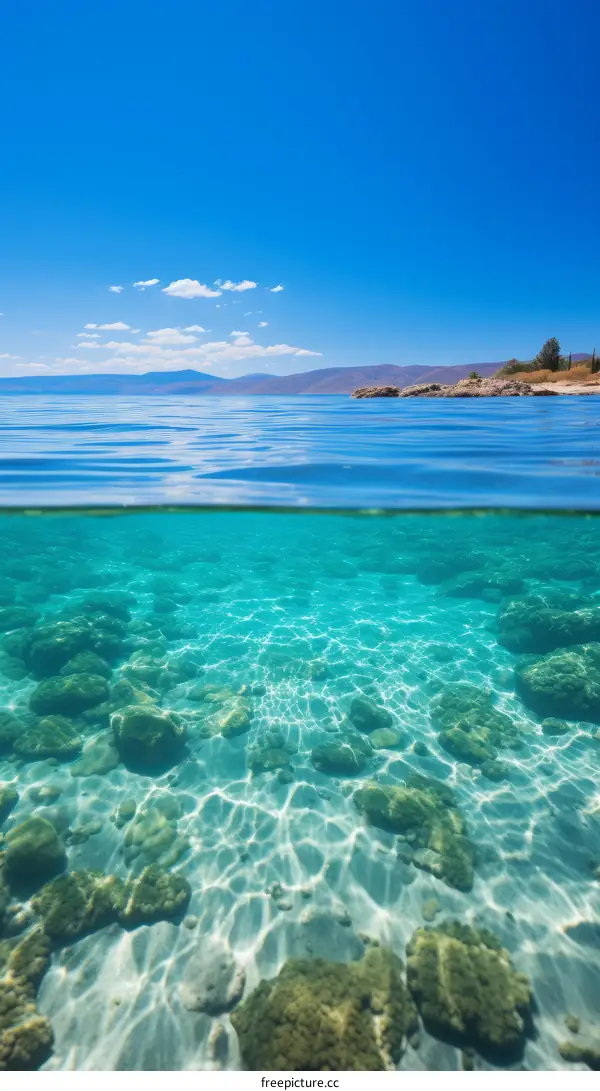 Half and half split view of the ocean surface and the underwater world