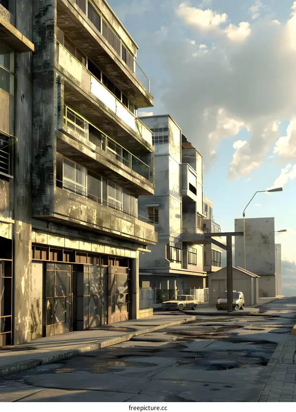 Abandoned City Street with Buildings and Cars