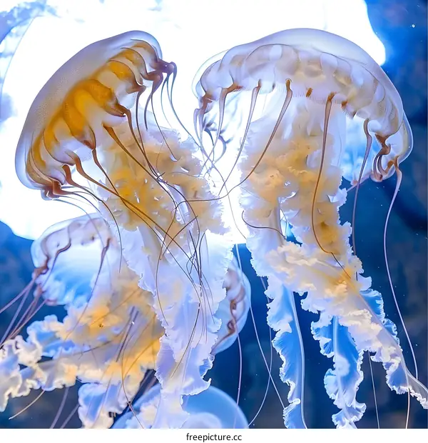 A group of jellyfish are swimming in the ocean.
