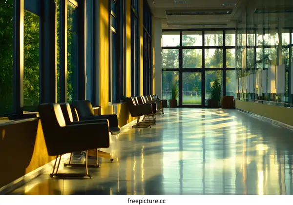 Modern Hallway with Large Windows and Sunlight Streaming In