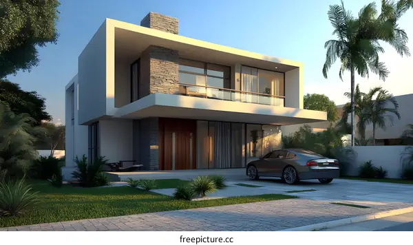 Modern House Design With Stone Wall And Palm Trees