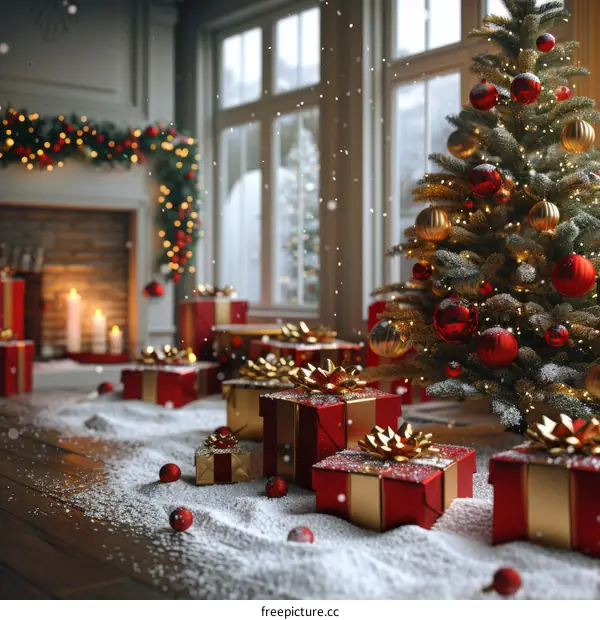 Christmas Tree with Presents in a Cozy Living Room