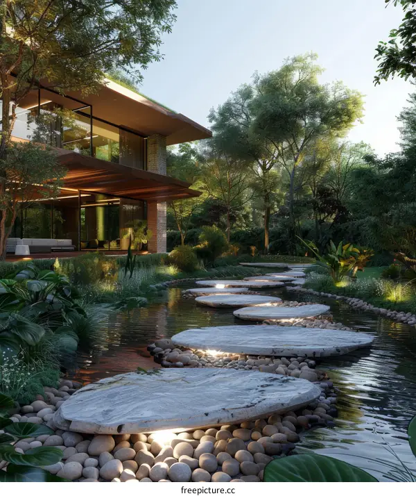 Stepping Stones through Flowing Water to Modern Home with Lush Green Landscape
