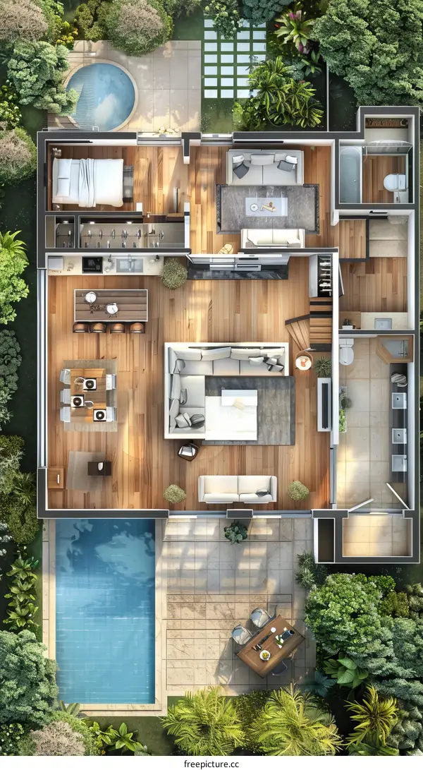 Modern House Plan with Pool and Garden