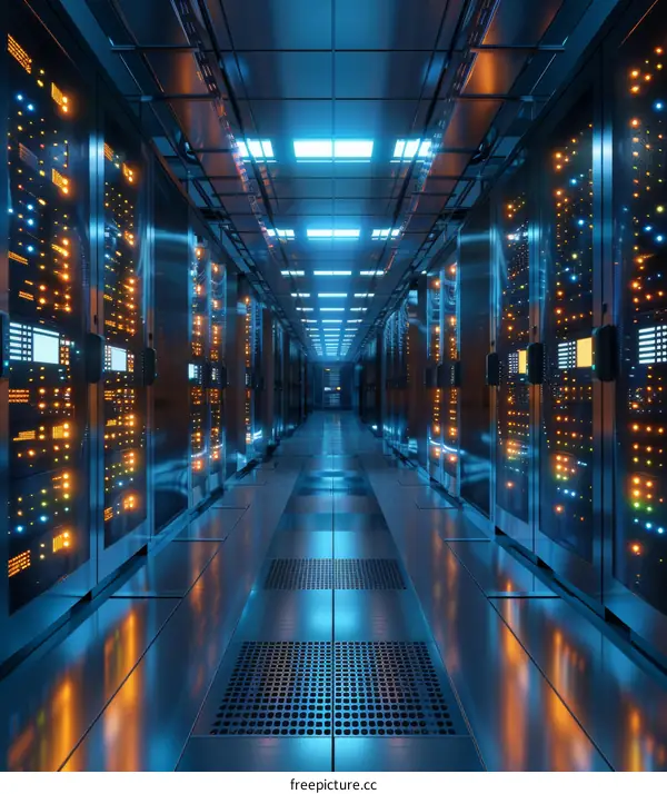 Futuristic server room with supercomputers