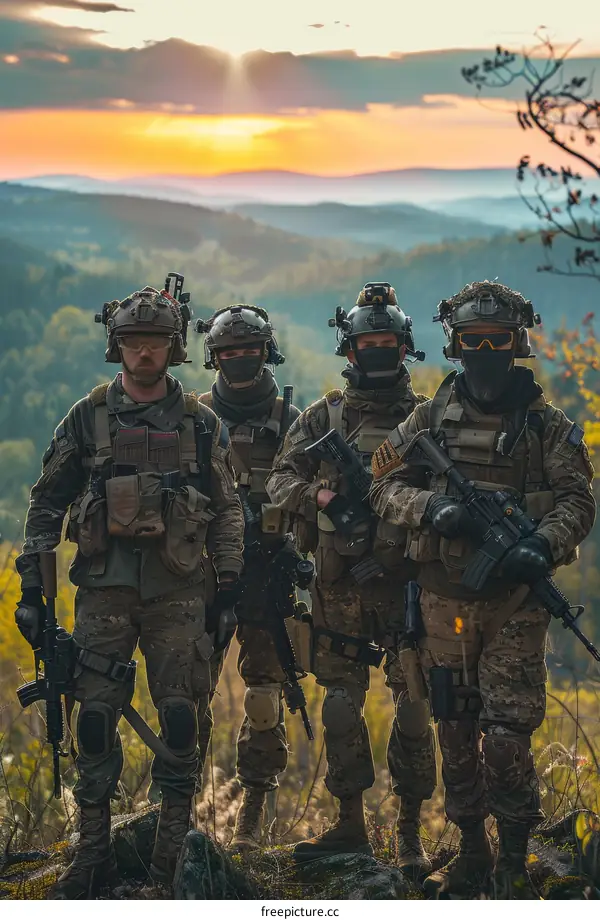 Four soldiers in combat gear standing on a hilltop