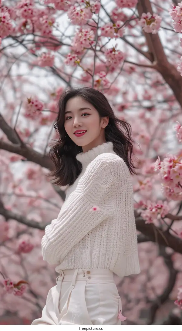 A Young Woman Standing in a Field of Cherry Blossoms