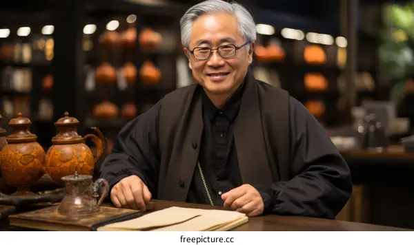 Portrait of a smiling Asian man wearing glasses and a black shirt