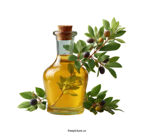 [Transparent Background PNG]Olive Oil Bottle with Fresh Branches