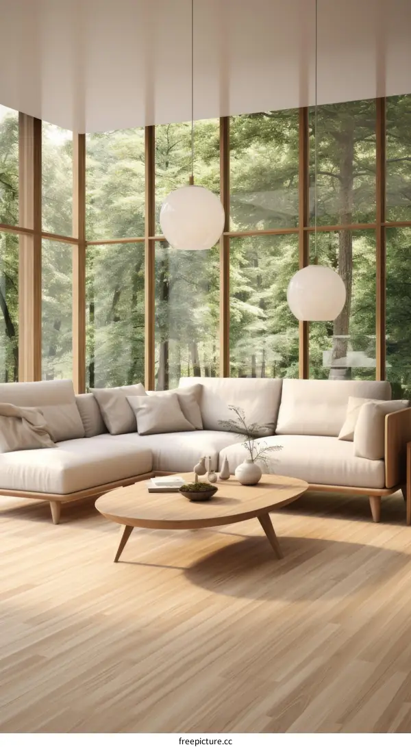 A modern living room with a large windows