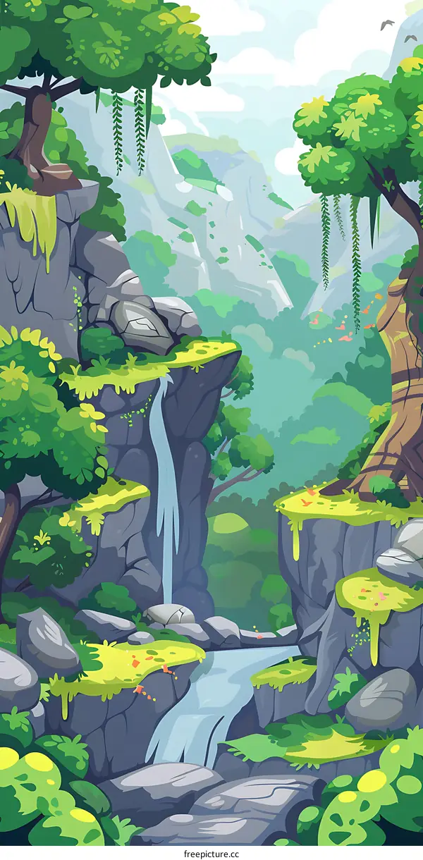 Waterfall in a Lush Green Mountain Landscape