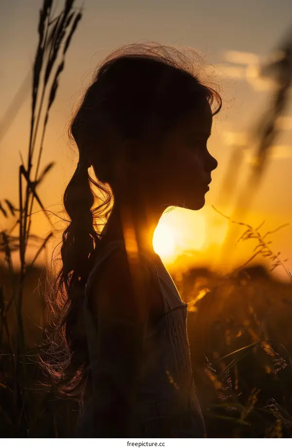 Little girl watching the sunset in a field of wheat