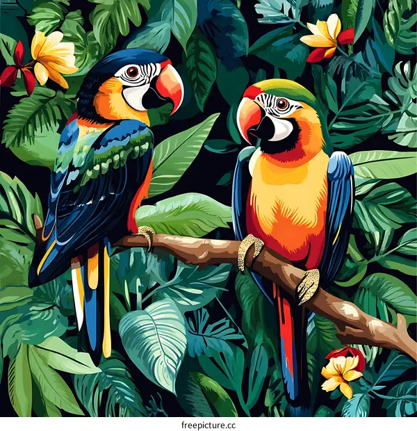 Tropical Rainforest Two Colorful Macaw Parrots Perched On Branch