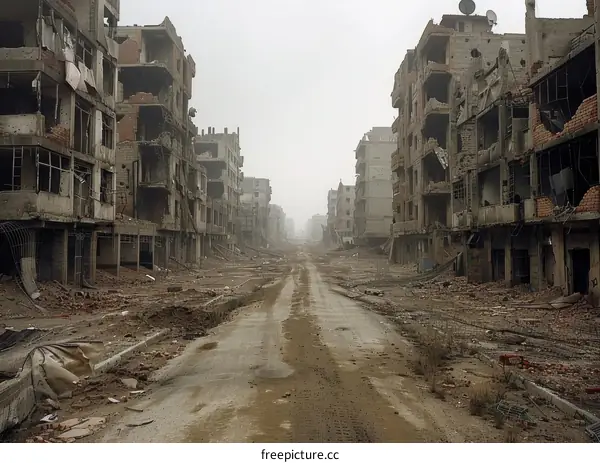 Aftermath of a Devastating War: Ruined City Street with Destroyed Buildings
