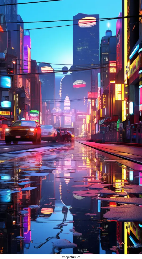 A cyberpunk city street with neon lights and reflections in the puddles