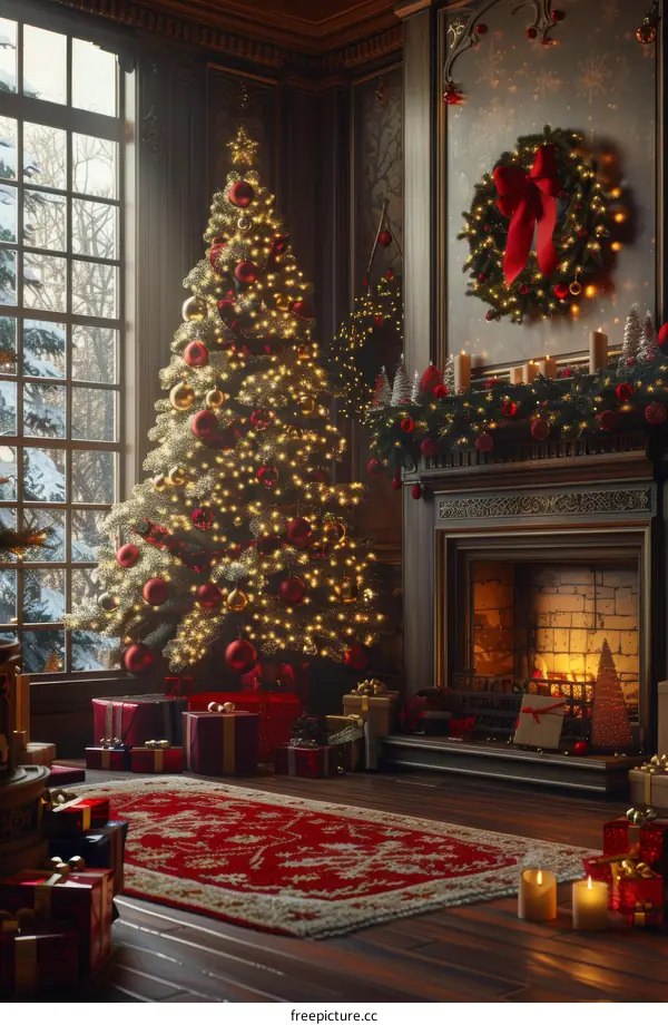 Christmas Tree and Presents by the Living Room Fireplace