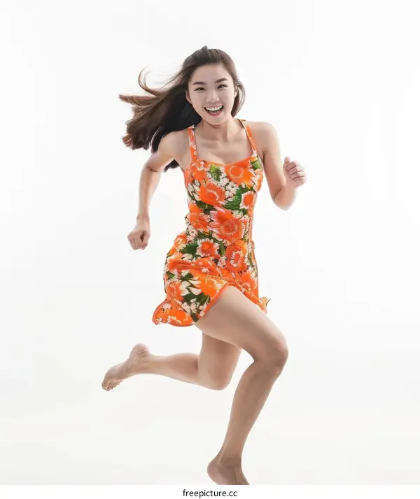 Asian woman in orange floral dress running