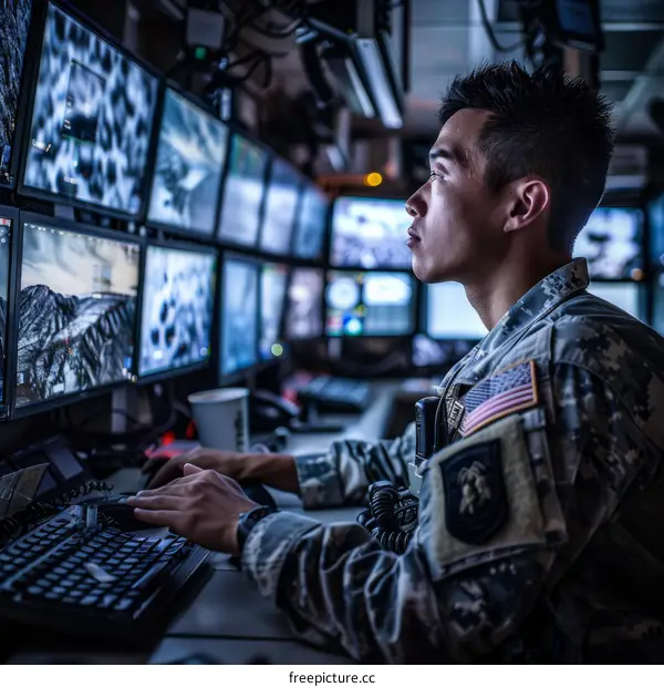 A soldier monitors multiple computer screens in a dark room