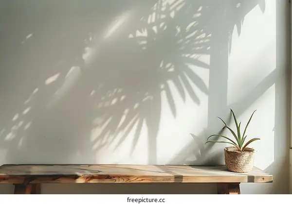 Minimalist Wooden Table with Plant and Sunlight Shadow