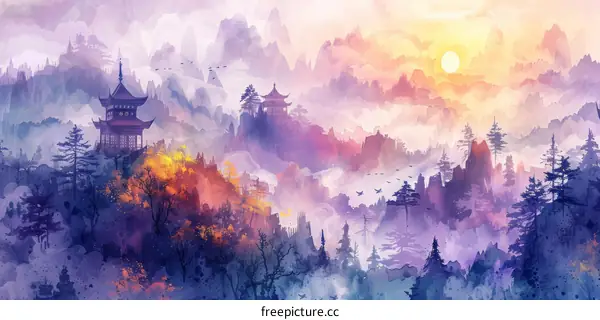 Misty mountain landscape with pagoda buildings