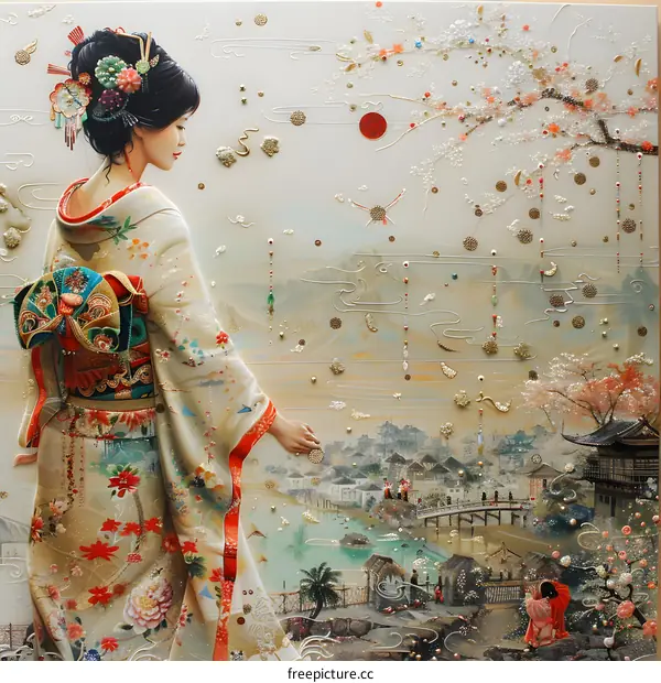 An Asian woman wearing a kimono is standing in a field of flowers.