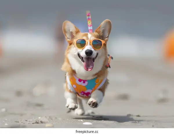 A happy corgi wearing sunglasses runs on the beach