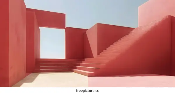 Minimalist Red Architecture with Staircase and Open Sky