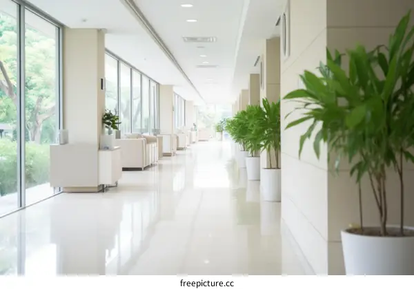 Long hospital hallway with green plants