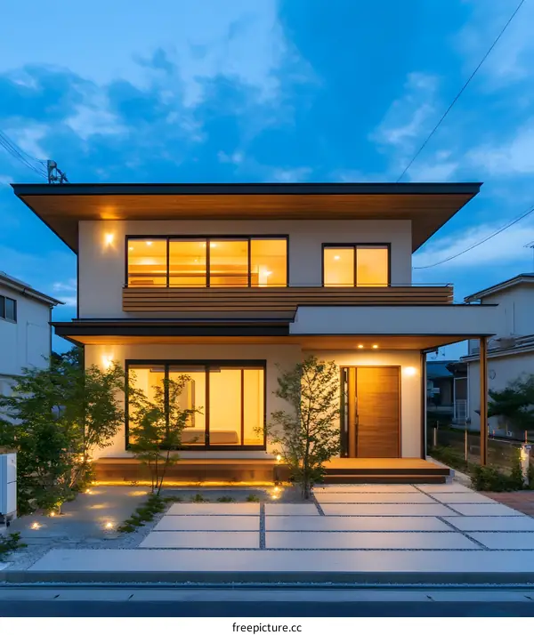 Modern Two Story House with Wooden Accents and a Front Yard with Landscaping