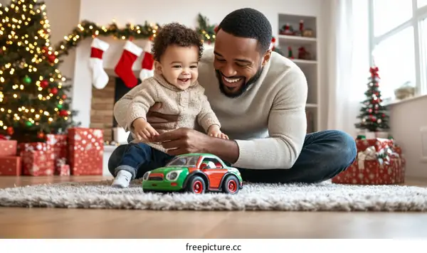 Father and Son Playing with Toy Car at Christmas