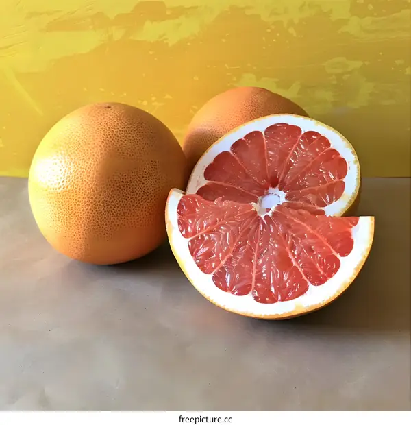 Freshly Cut Pink Grapefruit with Yellow Background