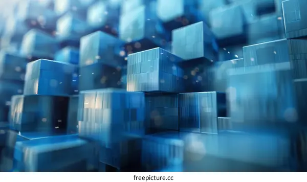 Blue abstract 3D rendering of a stack of offset cubes with a glowing center cube