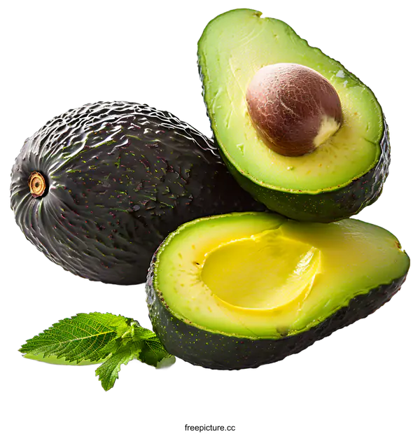 [Transparent Background PNG]Fresh avocado with mint leaves